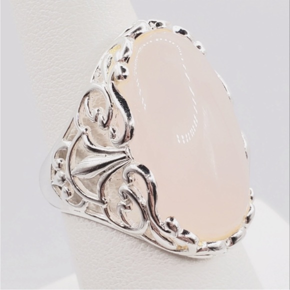 925 Sterling Silver Ring Blush Pink Ring QuartzRing Ornate Ring size 8